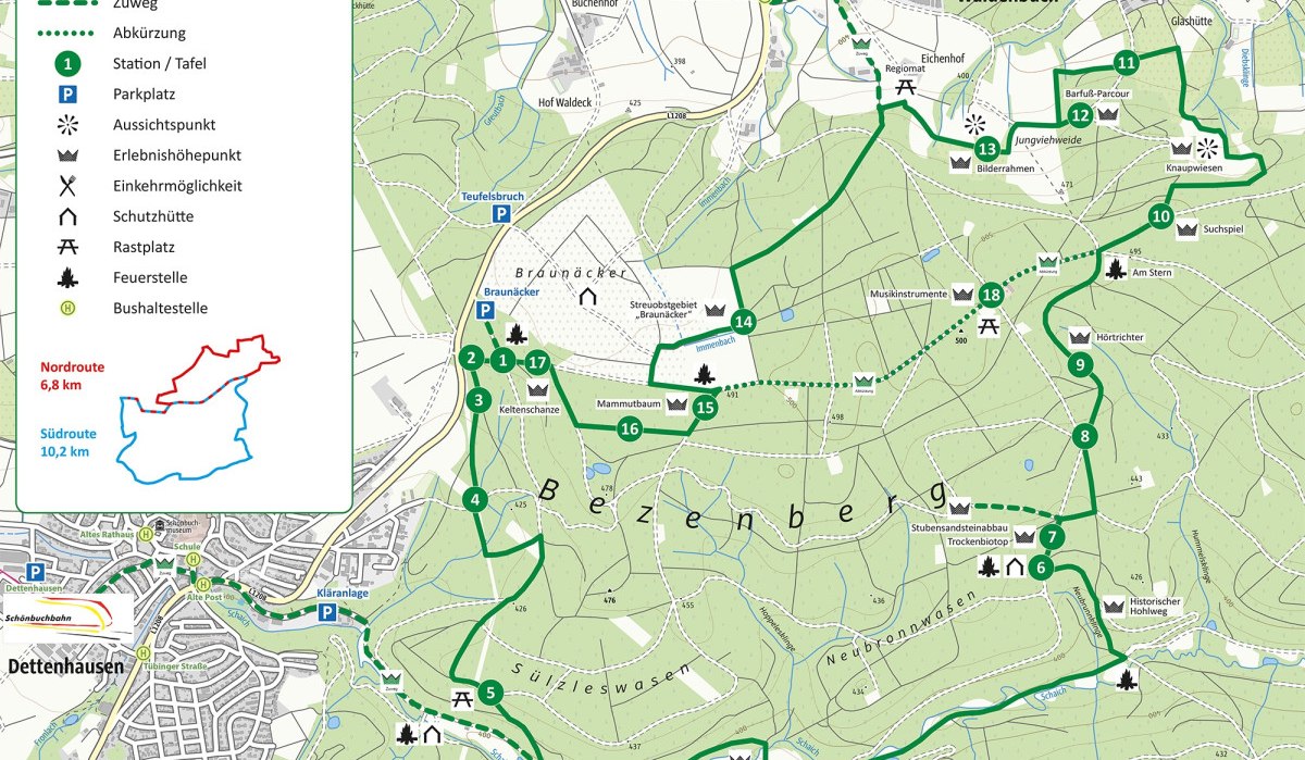 Karte des Herzog-Jäger-Pfads zeigt Wanderwege, Stationen und Sehenswürdigkeiten in einem Waldgebiet bei Waldenbuch und Dettenhausen., © Natur.Nah. Schönbuch & Heckengäu