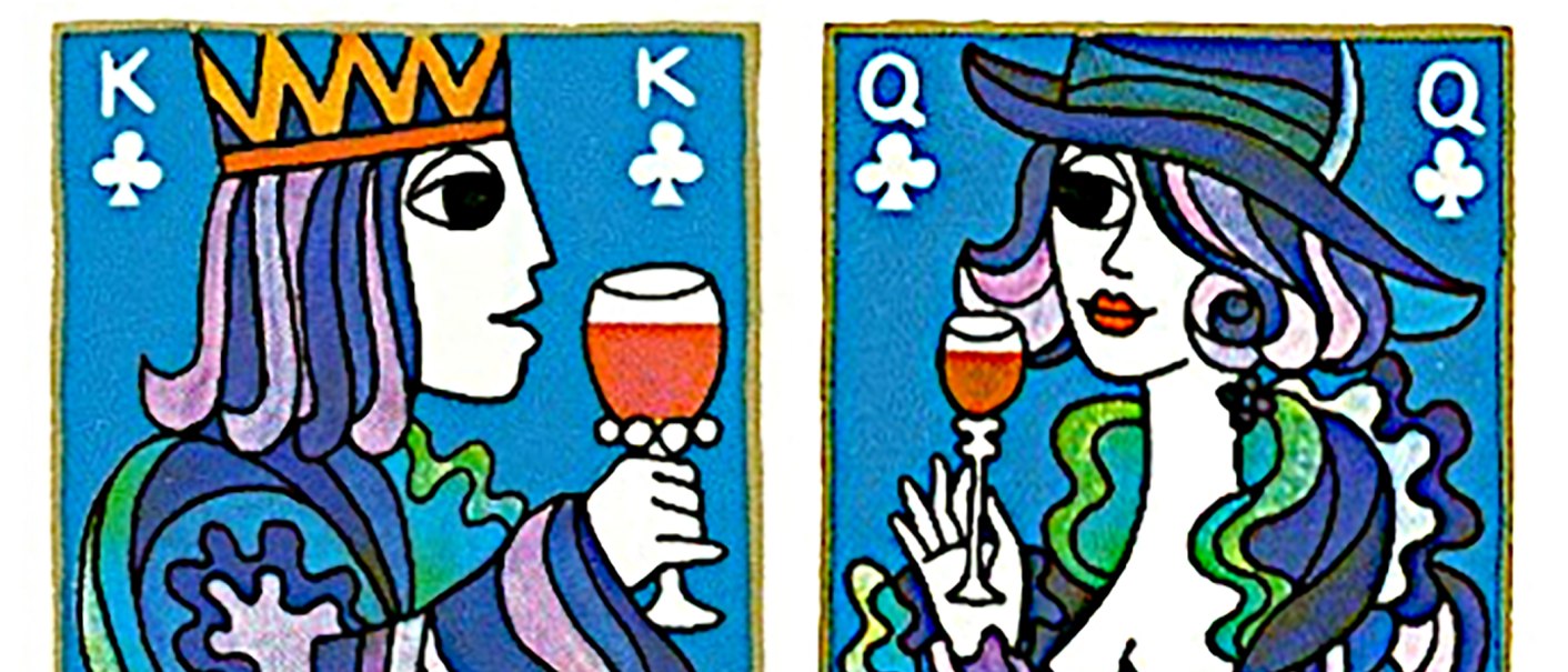 Illustration von einem König und einer Dame in Spielkartenstil, beide halten Weingläser. Hintergrund in Blau mit Kreuzsymbolen., © DSM Leinfelden-Echterdingen Illustration von einem König und einer Dame in Spielkartenstil, beide halten Weingläser. Hintergrund in Blau mit Kreuzsymbolen., © DSM Leinfelden-Echterdingen