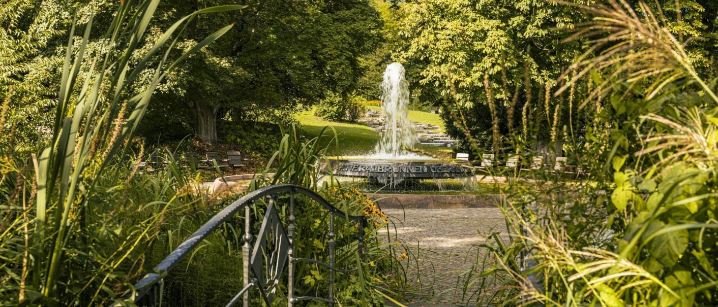 Ein Brunnen im Kurpark von Bad Überkingen, umgeben von üppigem Grün und Bäumen. Im Vordergrund sind Pflanzen und ein Geländer zu sehen., © Stuttgart-Marketing GmbH, Sarah Schmid Ein Brunnen im Kurpark von Bad Überkingen, umgeben von üppigem Grün und Bäumen. Im Vordergrund sind Pflanzen und ein Geländer zu sehen., © Stuttgart-Marketing GmbH, Sarah Schmid
