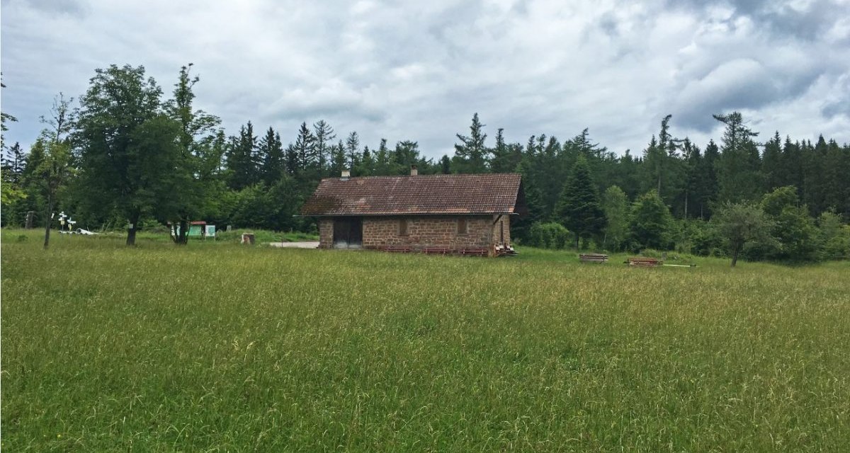 Kleine H&uuml;tte auf gr&uuml;ner Wiese, umgeben von B&auml;umen und bew&ouml;lktem Himmel. Im Hintergrund dichter Wald., &copy; www.pro-cycl.de