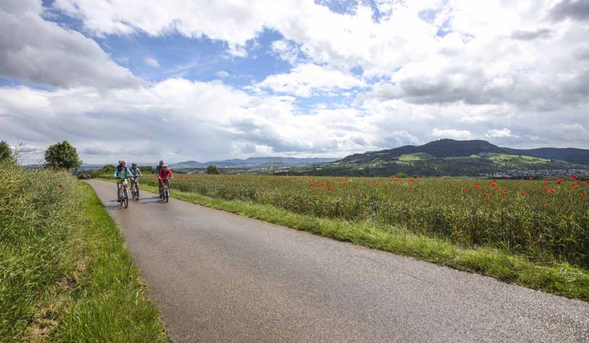 Drei Radfahrer fahren auf einer Landstraße, umgeben von Mohnblumenfeldern. Im Hintergrund sind Hügel und eine bewölkte Himmel zu sehen., © Schwäbische Alb Tourismusverband e.V. Drei Radfahrer fahren auf einer Landstraße, umgeben von Mohnblumenfeldern. Im Hintergrund sind Hügel und eine bewölkte Himmel zu sehen., © Schwäbische Alb Tourismusverband e.V.