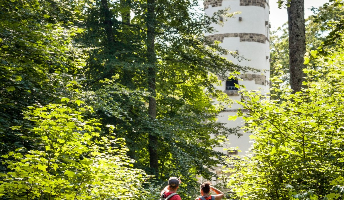 Zwei Wanderer auf einem Waldweg, umgeben von grünen Bäumen, gehen auf einen weißen Turm zu., © hochgehberge