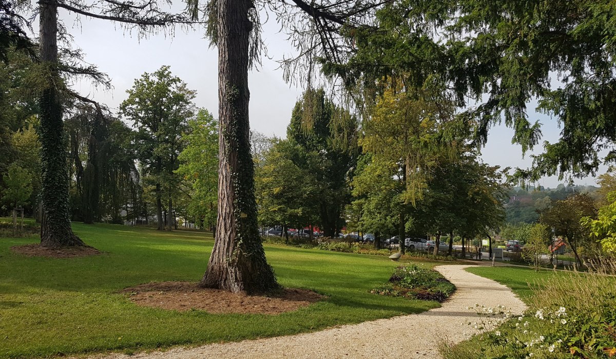 Ein geschwungener Kiesweg durchzieht einen grünen Park mit hohen Bäumen und Blumenbeeten im Schlosspark Essingen., © Remstal Tourismus e.V.