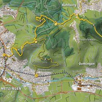 Karte von Metzingen und Umgebung mit markierten Wanderwegen, Orten wie Kohlberg, Dettingen und Sehenswürdigkeiten wie dem Naturfreundehaus Falkenberg.