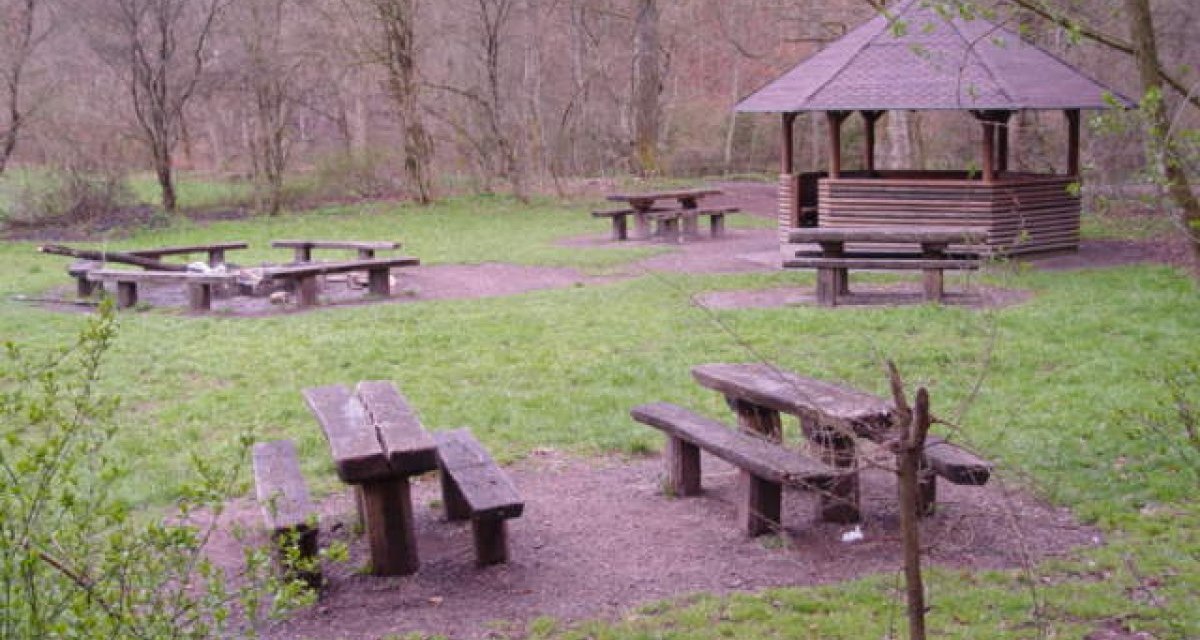 Ein Picknickplatz im Wald mit mehreren Holztischen und einem überdachten Pavillon. Die Umgebung ist grün und von Bäumen umgeben., © Naturpark Schönbuch Ein Picknickplatz im Wald mit mehreren Holztischen und einem überdachten Pavillon. Die Umgebung ist grün und von Bäumen umgeben., © Naturpark Schönbuch