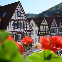 Fachwerkhäuser in einer Reihe, mit roten Blumen im Vordergrund. Im Hintergrund sind bewaldete Hügel zu sehen., © Bad Urach Tourismus