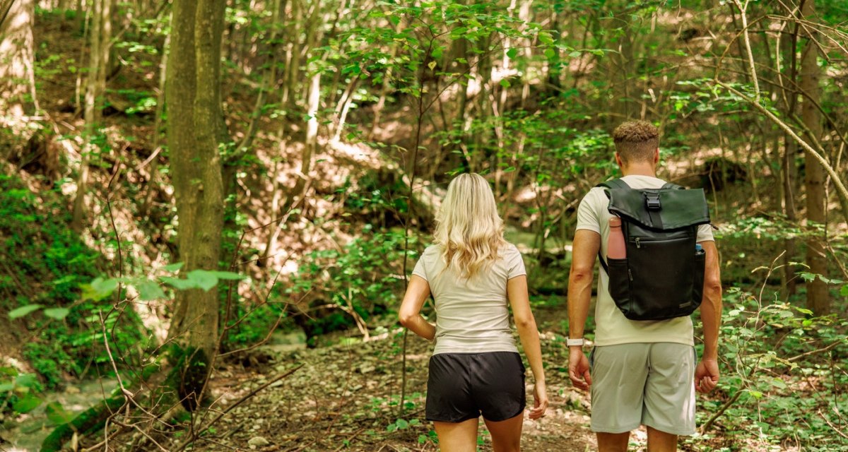 Zwei Personen wandern auf einem schattigen Waldweg. Sie sind von dichtem, grünem Laub umgeben und tragen Freizeitkleidung., © Landkreis Göppingen Zwei Personen wandern auf einem schattigen Waldweg. Sie sind von dichtem, grünem Laub umgeben und tragen Freizeitkleidung., © Landkreis Göppingen
