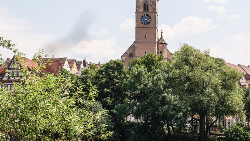 Ein Kirchturm erhebt sich &uuml;ber den Neckar, umgeben von B&auml;umen und Fachwerkh&auml;usern. Im Vordergrund flie&szlig;t der Fluss &uuml;ber ein Wehr., &copy; Belsers Hotel