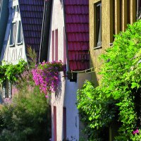Reihe von Fachwerkh&auml;usern in Marbach am Neckar, geschm&uuml;ckt mit &uuml;ppigen, bl&uuml;henden Pflanzen und bunten D&auml;chern., &copy; Dieter Sukowski