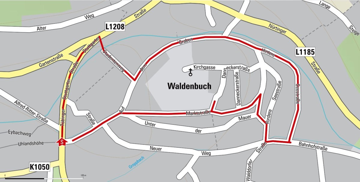 Stadtplan von Waldenbuch mit markierten Stra&szlig;en und Routen. Hauptstra&szlig;en sind L1208 und L1185. Verschiedene Stra&szlig;en und Wege sind eingezeichnet., &copy; Natur.Nah. Sch&ouml;nbuch & Heckeng&auml;u
