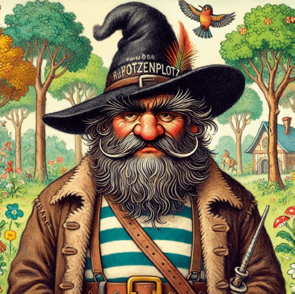 Illustration von Räuber Hotzenplotz mit großem Hut und Bart im Wald. Ein Vogel fliegt, ein Haus ist im Hintergrund sichtbar., © Stadt Kornwestheim Kulturmanagement