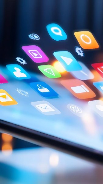 Bunte App-Symbole schweben &uuml;ber einem Smartphone-Bildschirm, der in einem modernen, unscharfen Hintergrund gehalten ist., &copy; Adobe Stock