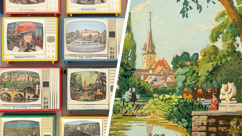 Geteilte Ansicht: links historische Plastiskope (Souvenirartikel aus Baden-W&uuml;rttemberg, 1950&ndash;1970), Kulturgeschichtliche Sammlung; rechts: Otto Hofer-Bach, Stadtpark Kornwestheim, o. J., Tempera auf Papier, 28,5 &times; 41,4 cm. Foto: Stadt Kornwestheim., &copy; Stadt Kornwestheim
