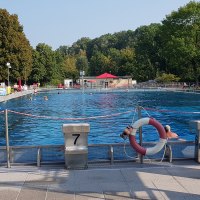 Ein Freibad mit mehreren Schwimmern, umgeben von Bäumen. Im Vordergrund sind Startblöcke und ein Rettungsring zu sehen., © Torsten Wenzler