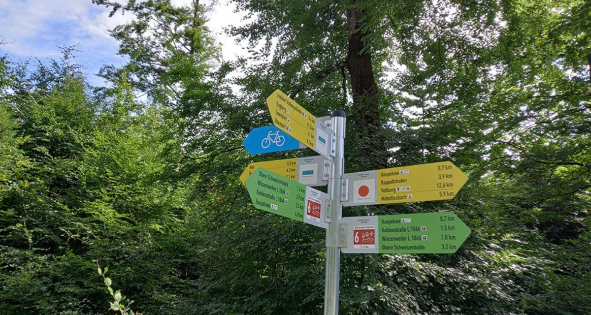 Ein Wegweiser im Wald zeigt verschiedene Richtungen und Entfernungen an. Die Schilder sind in Gelb, Gr&uuml;n und Blau gehalten. Umgeben von dichtem Laubwerk.