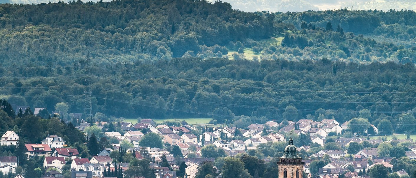 Blick auf Nürtingen mit einer Kirche im Vordergrund und dem bewaldeten Albtrauf im Hintergrund., © Ralf Just