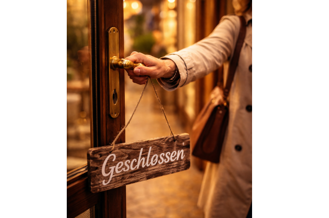 Eine Person in einem Mantel schlie&szlig;t eine T&uuml;r mit einem "Geschlossen"-Schild ab. Die Szene ist warm beleuchtet und vermittelt eine abendliche Atmosph&auml;re., &copy; Stadtverwaltung Schorndorf