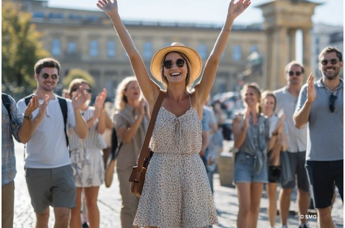 Frau in Sommerkleid und Hut hebt die Arme, umgeben von applaudierenden Menschen auf einem sonnigen Platz., © Stuttgart Marketing GmbH Frau in Sommerkleid und Hut hebt die Arme, umgeben von applaudierenden Menschen auf einem sonnigen Platz., © Stuttgart Marketing GmbH