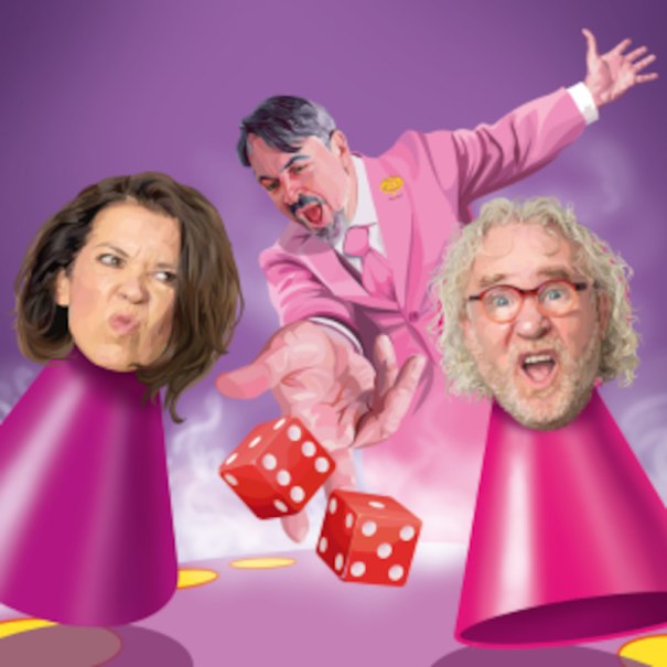 Illustration mit drei Personen: Zwei Köpfe auf rosa Kegeln und eine Person im rosa Anzug, die Würfel wirft. Hintergrund in Lila gehalten., © Stadtverwaltung Remseck am Neckar