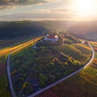 Luftaufnahme des Michaelsbergs, umgeben von bunten Weinbergen im Sonnenuntergang. Eine Kirche steht auf dem Hügel, umgeben von Wald und Feldern., © Neckar-Zaber-Tourismus e.V Luftaufnahme des Michaelsbergs, umgeben von bunten Weinbergen im Sonnenuntergang. Eine Kirche steht auf dem Hügel, umgeben von Wald und Feldern., © Neckar-Zaber-Tourismus e.V