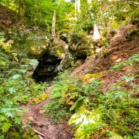 Ein Waldpfad führt zu einer Felsformation mit Höhle, umgeben von dichtem Grün und Farnen., © agentur arcos/Niki Eilers