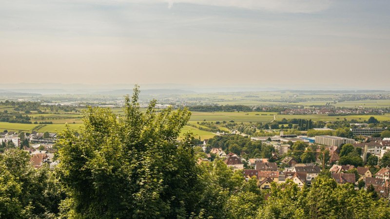 Panoramablick auf eine Stadt mit umliegenden Feldern und Bäumen, die sich bis zum Horizont erstrecken. Der Himmel ist klar und sonnig., © Stuttgart-Marketing GmbH, Sarah Schmid
