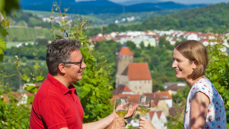Zwei Personen sitzen in einem Weinberg und sto&szlig;en mit Weingl&auml;sern an. Im Hintergrund ist die Stadt Besigheim mit ihren Geb&auml;uden und T&uuml;rmen zu sehen., &copy; Boris Lehner