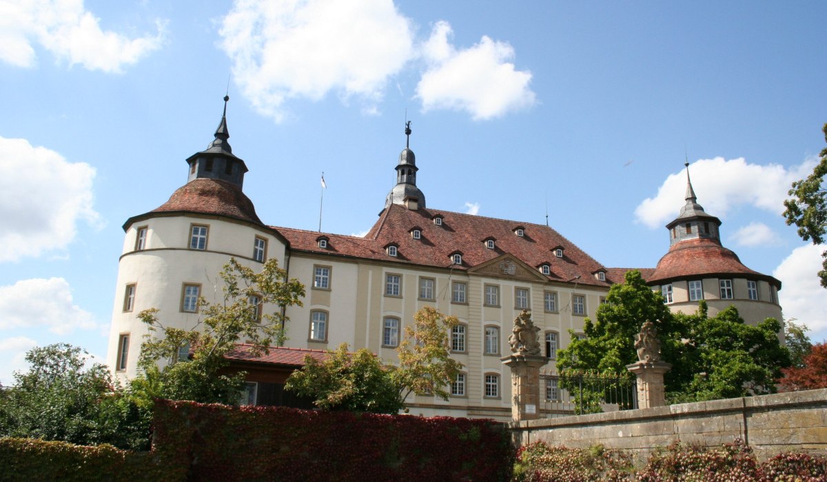 Schloss Langenburg mit zwei markanten Türmen, umgeben von Bäumen und einem Garten. Der Himmel ist blau mit einigen Wolken., © Touristikgemeinschaft Hohenlohe e. V. | Marion Schlund Schloss Langenburg mit zwei markanten Türmen, umgeben von Bäumen und einem Garten. Der Himmel ist blau mit einigen Wolken., © Touristikgemeinschaft Hohenlohe e. V. | Marion Schlund