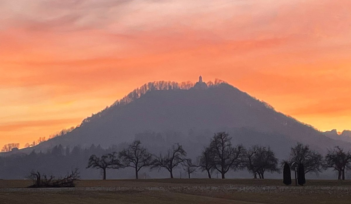Hügel im Sonnenuntergang, Silhouette von Bäumen im Vordergrund, Himmel in Orange- und Rosatönen., © Foto: Cornelia Steinbach Hügel im Sonnenuntergang, Silhouette von Bäumen im Vordergrund, Himmel in Orange- und Rosatönen., © Foto: Cornelia Steinbach