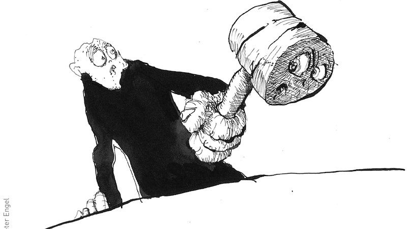 Ein Mann mit einem gro&szlig;en Hammer in der Hand schaut &uuml;berrascht. Die Zeichnung ist in Schwarz-Wei&szlig; gehalten., &copy; Stadt Kornwestheim Kulturmanagement