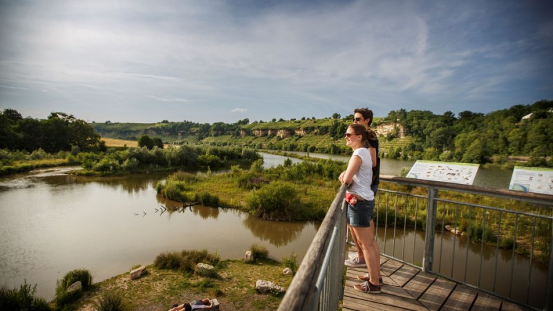 Zwei Personen auf einer Plattform blicken auf den Neckar und die grüne Landschaft. Eine Person liegt auf einer Bank am Flussufer. Himmel ist klar., © Stoppel