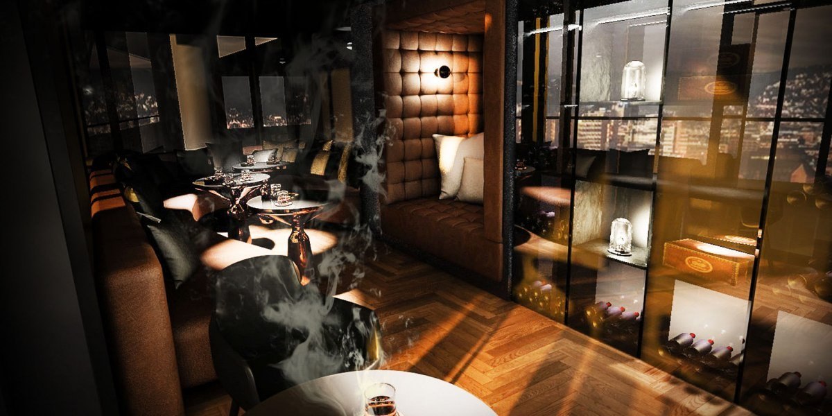 Elegante Raucherlounge mit Ledersitzen, Tischen und Regalen. Gedämpftes Licht, Stadtblick durch Fenster, gemütliche Atmosphäre., © Jaz Hotel Stuttgart