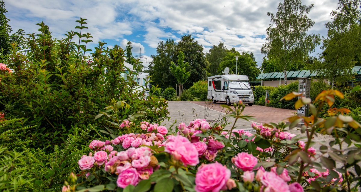 Ein Wohnmobil steht auf einem Stellplatz, umgeben von bl&uuml;henden Rosen und B&auml;umen. Der Himmel ist bew&ouml;lkt., &copy; B&ouml;nnigheim