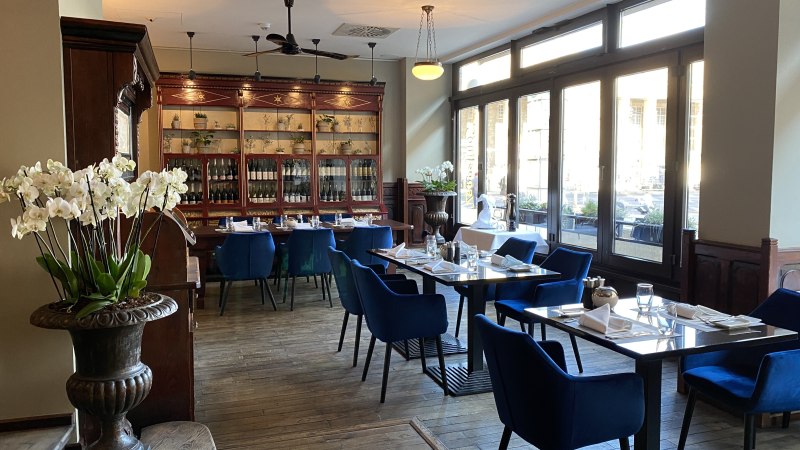 Elegantes Restaurant mit blauen Stühlen, Holzboden und großen Fenstern. Orchideen und eine Vitrine mit Flaschen schmücken den Raum., © Steigenberger Hotels GmbH Elegantes Restaurant mit blauen Stühlen, Holzboden und großen Fenstern. Orchideen und eine Vitrine mit Flaschen schmücken den Raum., © Steigenberger Hotels GmbH