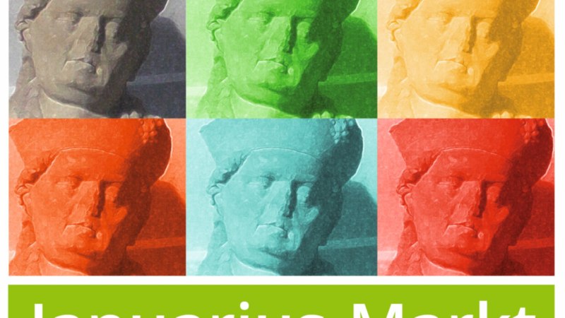 Pop-Art-Darstellung einer Statue in sechs Farben. Darunter der Text 'Januarius-Markt' auf grünem Hintergrund. Pop-Art-Darstellung einer Statue in sechs Farben. Darunter der Text 'Januarius-Markt' auf grünem Hintergrund.