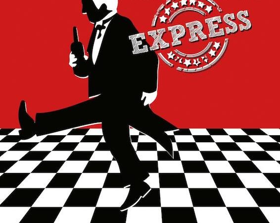 Plakat f&uuml;r 'Dinner for One - Express' mit rotem Hintergrund, Silhouette eines Kellners auf Schachbrettboden und dem Wort 'EXPRESS' in einem Sternenring., &copy; KulturWelt e.V.