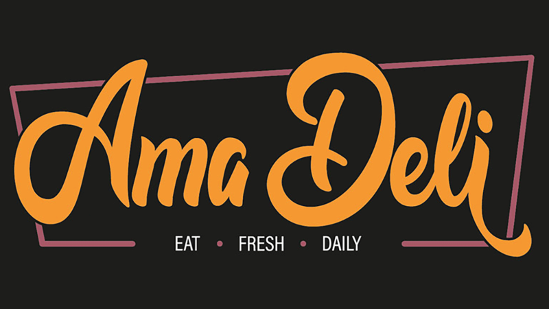 Logo von Ama Deli in orange Schrift auf schwarzem Hintergrund, umrahmt von einem pinken Rechteck. Darunter steht 'Eat Fresh Daily'., &copy; Ama Deli