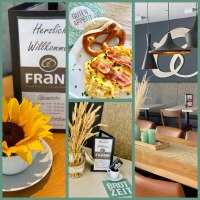 Collage mit Café-Elementen: Frühstück mit Brezel und Rührei, Sonnenblume, Tischdeko mit Weizen, Innenraum mit modernen Lampen und Sitzbereich., © Bäckerei FRANK