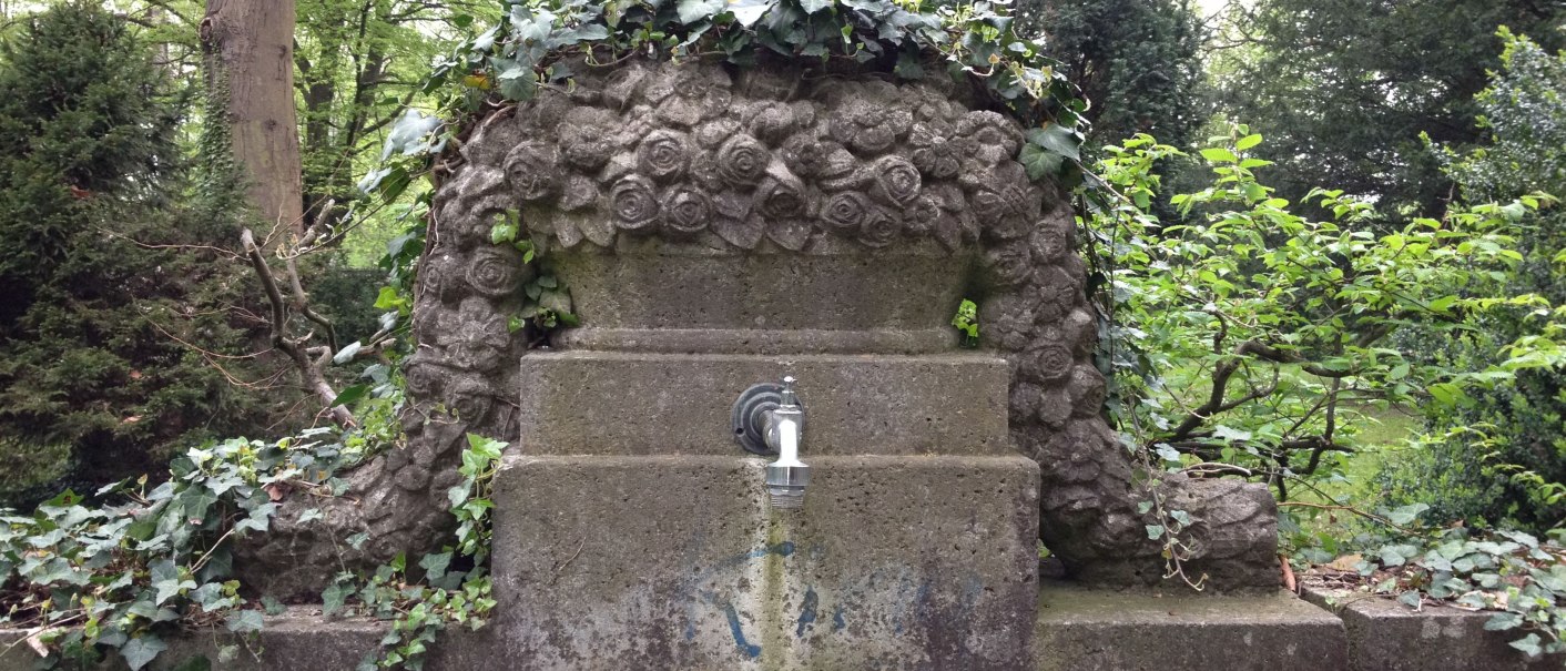 Ein alter Steinbrunnen mit Rosenverzierungen, umgeben von Efeu und Bäumen, steht auf einem Friedhof., © StadtNürtingen Ein alter Steinbrunnen mit Rosenverzierungen, umgeben von Efeu und Bäumen, steht auf einem Friedhof., © StadtNürtingen
