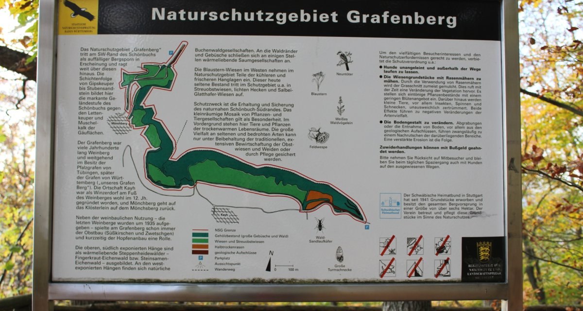Infotafel des Naturschutzgebiets Grafenberg mit Karte, Informationen zu Flora und Fauna sowie Verhaltensregeln für Besucher., © Natur.Nah. Schönbuch & Heckengäu Infotafel des Naturschutzgebiets Grafenberg mit Karte, Informationen zu Flora und Fauna sowie Verhaltensregeln für Besucher., © Natur.Nah. Schönbuch & Heckengäu