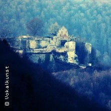 Eine alte Burg thront auf einem bewaldeten Hügel, umgeben von Nebel und Bäumen., © links im Bild