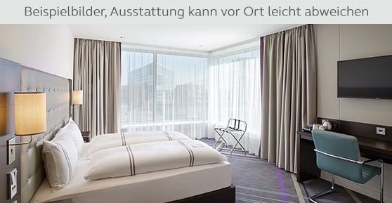 Modernes Hotelzimmer mit Doppelbett, Schreibtisch, Fernseher und großen Fenstern. Hinweis: Ausstattung kann abweichen., © Premier Inn Modernes Hotelzimmer mit Doppelbett, Schreibtisch, Fernseher und großen Fenstern. Hinweis: Ausstattung kann abweichen., © Premier Inn