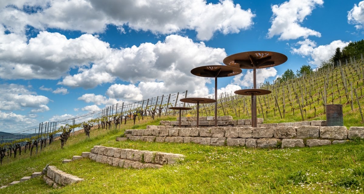 Terrassen mit Metallskulpturen in einem Weinberg. Der Himmel ist blau mit wei&szlig;en Wolken. Die Landschaft ist gr&uuml;n und h&uuml;gelig., &copy; Remstal Tourismus e.V.