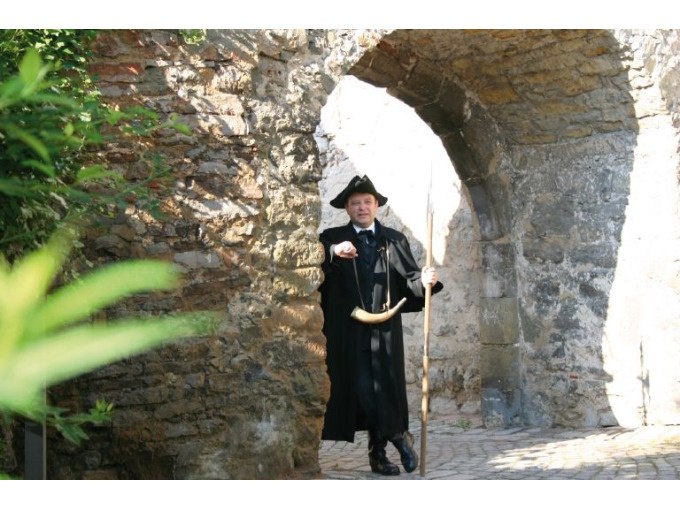 Ein Mann in historischer Kleidung mit Hut und Horn steht unter einem alten Steinbogen und zeigt in die Kamera., © WTM GmbH Waiblingen