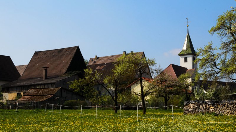Ländliche Szene mit Kirche und Fachwerkhäusern, umgeben von blühenden Bäumen und Wiesen unter blauem Himmel., © Natur.Nah. Schönbuch & Heckengäu Ländliche Szene mit Kirche und Fachwerkhäusern, umgeben von blühenden Bäumen und Wiesen unter blauem Himmel., © Natur.Nah. Schönbuch & Heckengäu