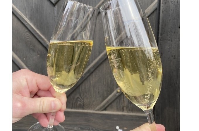 Zwei gef&uuml;llte Sektgl&auml;ser sto&szlig;en vor einem dunklen Holzhintergrund an. Die Gl&auml;ser sind mit prickelndem Sekt gef&uuml;llt., &copy; Weingenuss Stuttgart