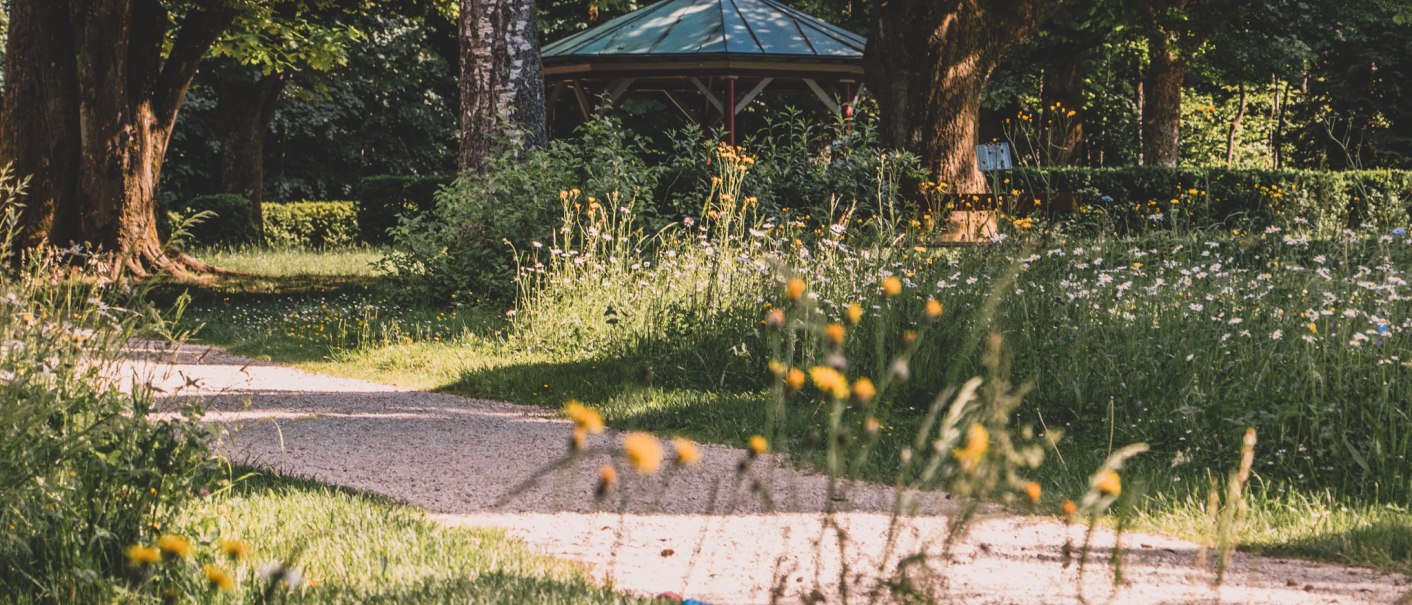 Ein sonniger Parkweg führt durch eine Wiese mit gelben Blumen, umgeben von Bäumen. Im Hintergrund ist ein Pavillon zu sehen., © Stadt Welzheim