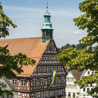 Das Fachwerk-Rathaus von Backnang ragt zwischen gr&uuml;nen B&auml;umen hervor. Der Turm mit Uhr und Wetterfahne ist gut sichtbar., &copy; SMG, Sarah Schmid