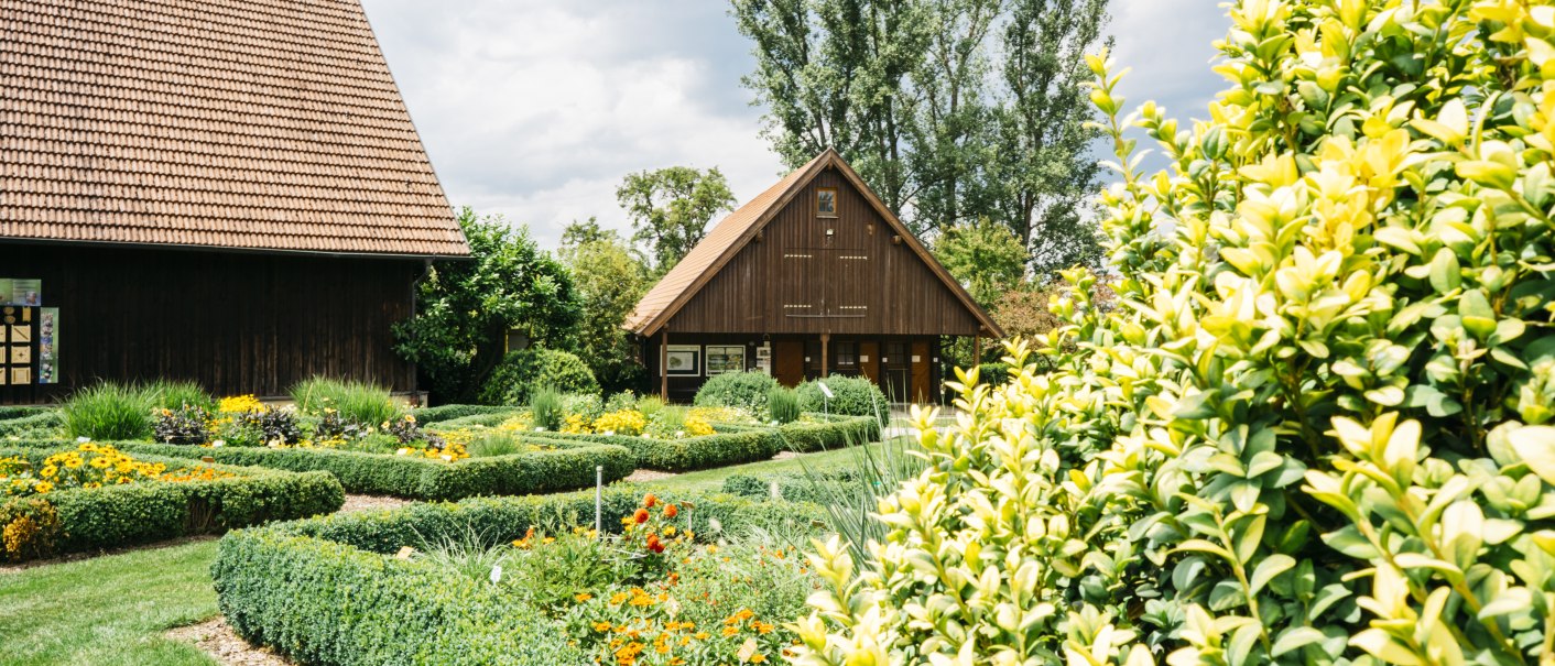 Ein gepflegter Garten mit bunten Blumen und Sträuchern vor zwei Holzhäusern mit roten Ziegeldächern. Im Hintergrund stehen hohe Bäume., © HfWU, Manuel stark