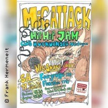 Ein Poster für das Hip-Hop-Event 'Mic Attack Hip Hop Jam' im Club Kuckucksei, mit einer Illustration eines Wolfes, der ein Mikrofon hält., © links im Bild